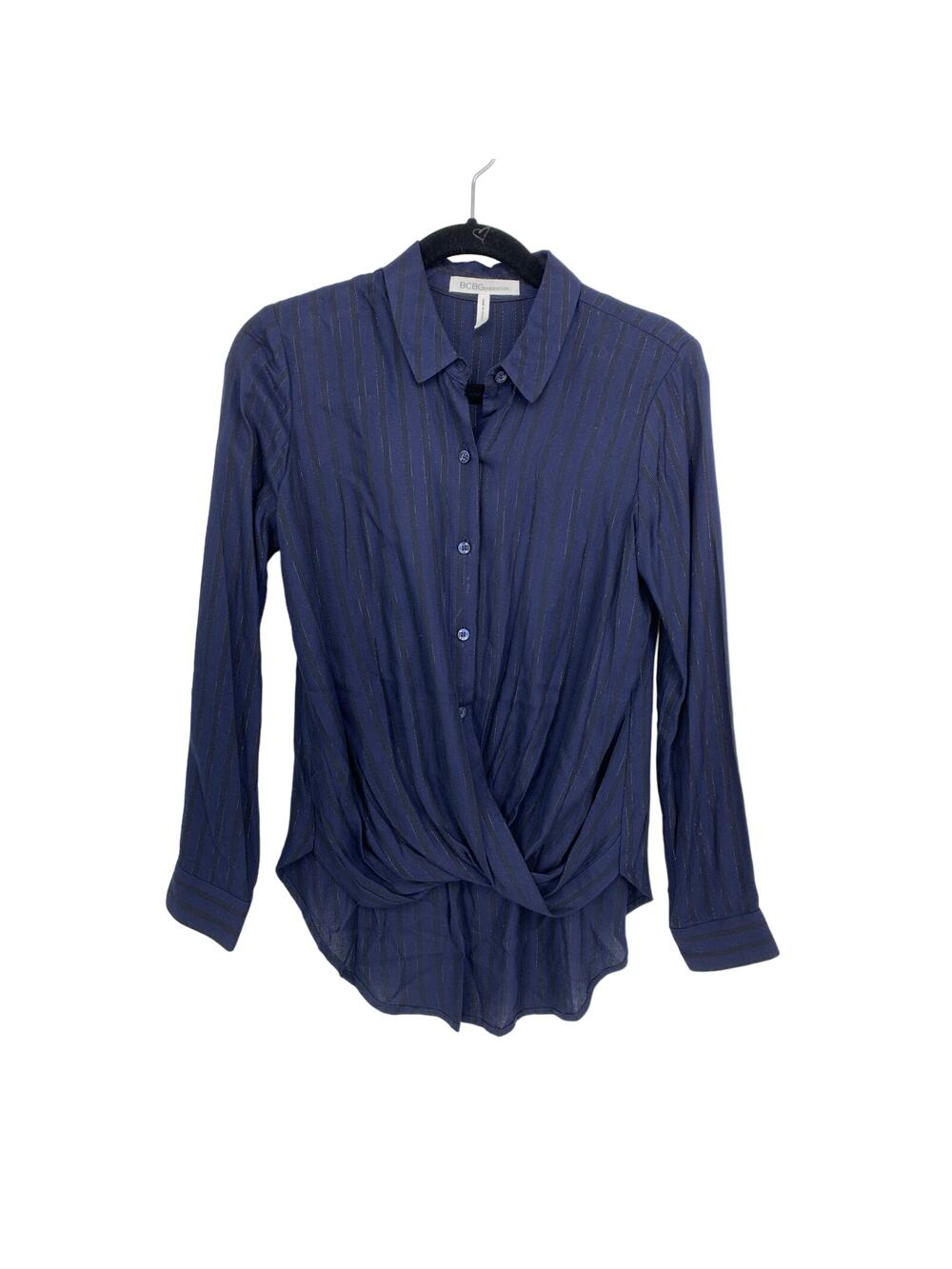 BCBGeneration Top Women's Sz XS Wrap Hem Blouse Dark Navy Combo Metallic Stripe